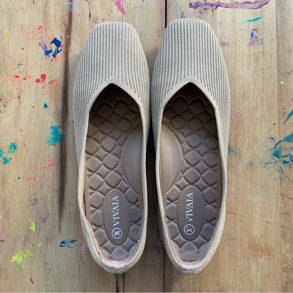 Vivaia Tan Square Toe Flats